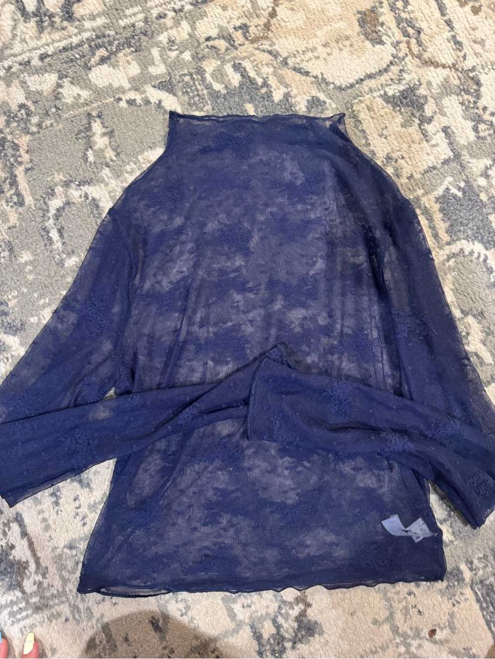 Sheer Navy Long Sleeve Mock Nexk Top